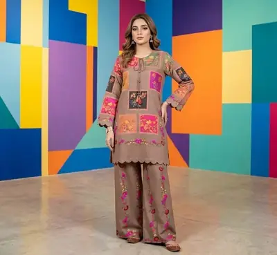 2 Pcs Women's Stitched Arabic Lawn Printed Shirt And Trouser