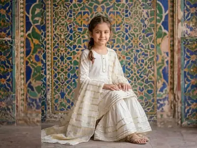 3 Pcs Girl's Arabic Lawn Embroidered Kurta And Pajama thumbnail 2