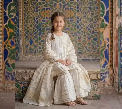 3 Pcs Girl's Arabic Lawn Embroidered Kurta And Pajama thumbnail 5