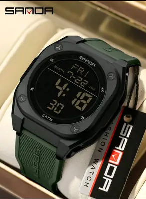 SANDA Men's Digital Sports Watch | 5ATM Waterproof | LED Display | Alarm | Stopwatch | Green Silicone Strap