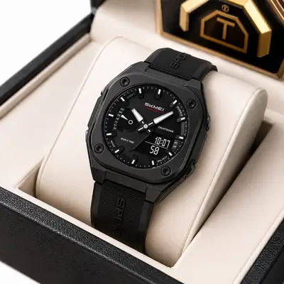 SKMEI 2328 Square Multifunction Men's Watch Dual Movement TPU Strap Sport Outdoor Cool Style Male Electronic Quartz Wristwatch thumbnail 4