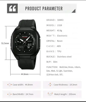SKMEI 2328 Square Multifunction Men's Watch Dual Movement TPU Strap Sport Outdoor Cool Style Male Electronic Quartz Wristwatch thumbnail 5