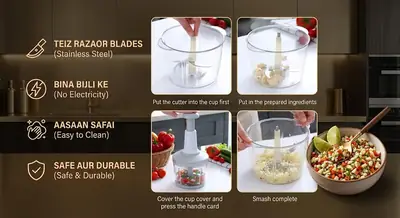 Premium Hand Push Chopper & Cutter | 3 Stainless Steel Blades | 500ml Vegetable Vegetable Chopper thumbnail 3