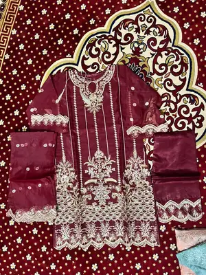 3 Pcs Women's Stitched Organza Embroidered Suit thumbnail 3