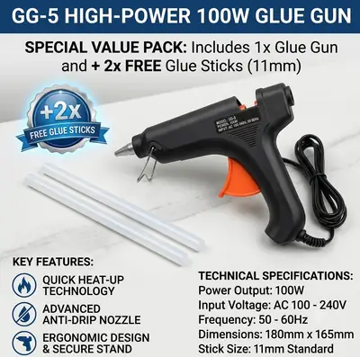 GG-5 100W Heavy Duty Glue Gun + 2 Free 11mm Sticks