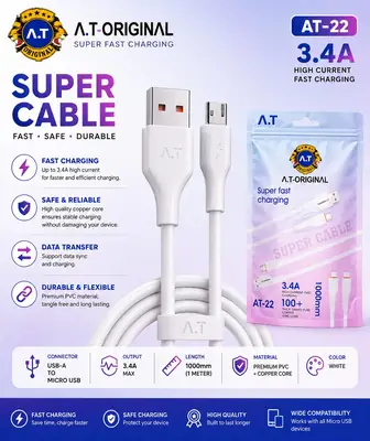 A.T Original AT-22 3.4A Fast Charging Micro USB Cable – 1 Meter | High-Speed Data Sync | White thumbnail 4