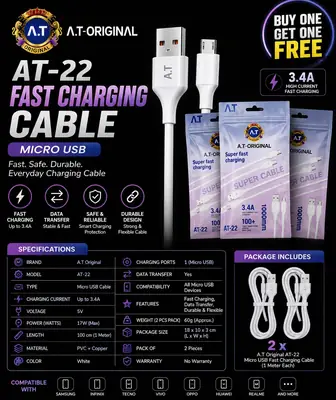 A.T Original AT-22 3.4A Fast Charging Micro USB Cable – 1 Meter | High-Speed Data Sync | White thumbnail 2