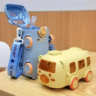 Premium 500ml 2-in-1 Toy Bus Shaped Water Bottle for Kids – Leak-Proof Sipper with Soft Silicone Straw, Adjustable Crossbody Shoulder Strap, One-Click Safety Lock & Real Moving Wheels – 100% BPA-Free Food Grade Material for School, Picnic & Travel