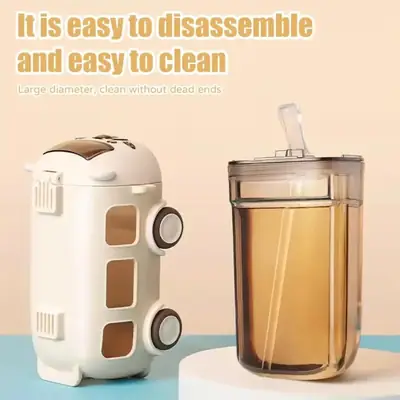 Premium 500ml 2-in-1 Toy Bus Shaped Water Bottle for Kids – Leak-Proof Sipper with Soft Silicone Straw, Adjustable Crossbody Shoulder Strap, One-Click Safety Lock & Real Moving Wheels – 100% BPA-Free Food Grade Material for School, Picnic & Travel thumbnail 6