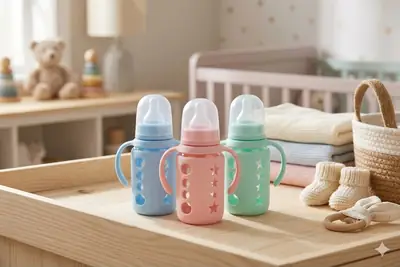 Premium Anti-Colic Glass Baby Feeder 120ml (4oz) With Protective Silicone Cover & Double Handle - Regular Nipple (Pack of 3 Vibrant Colors)