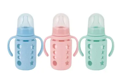 Premium Anti-Colic Glass Baby Feeder 120ml (4oz) With Protective Silicone Cover & Double Handle - Regular Nipple (Pack of 3 Vibrant Colors) thumbnail 3