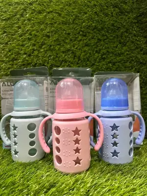 Premium Anti-Colic Glass Baby Feeder 120ml (4oz) With Protective Silicone Cover & Double Handle - Regular Nipple (Pack of 3 Vibrant Colors) thumbnail 2