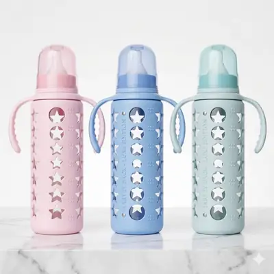 Premium Anti-Colic Glass Baby Feeder 240ml (8oz) With Protective Silicone Cover & Double Handle - Regular Nipple (Pack of 3 Vibrant Colors)