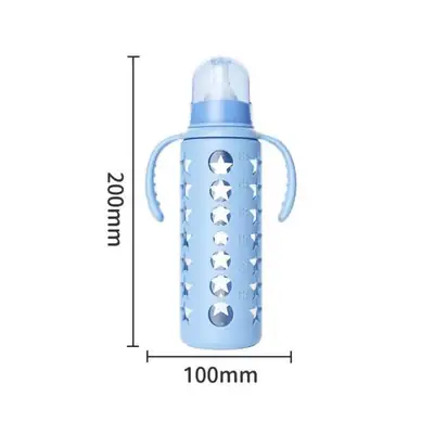 Premium Anti-Colic Glass Baby Feeder 240ml (8oz) With Protective Silicone Cover & Double Handle - Regular Nipple (Pack of 3 Vibrant Colors) thumbnail 2