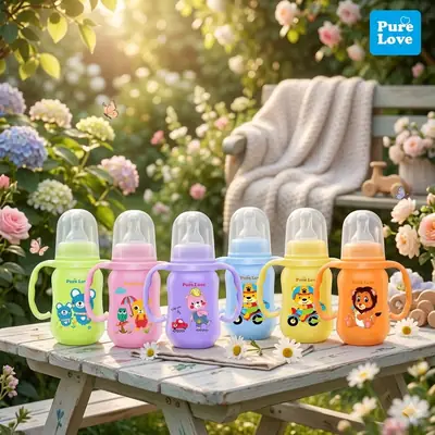Pure Love Premium Baby Feeding Bottle with Handle | 150ml (5oz) & 280ml (9oz) Colorful Simple Long Feeder with Regular Nipple