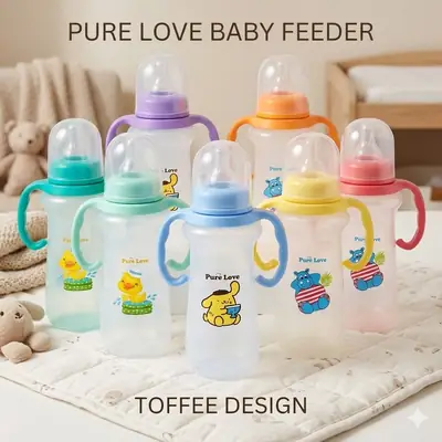 Pure Love Baby Feeding Bottle with Handle 280ml (9oz) | Trophy Shape Transparent Feeder with Regular Nipple Pack of 3 Peices 