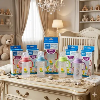 Pure Love Baby Feeding Bottle with Handle 280ml (9oz) | Trophy Shape Transparent Feeder with Regular Nipple Pack of 3 Peices  thumbnail 2
