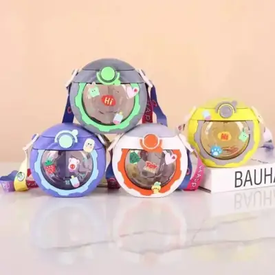 Kids Cartoon Space Design Water Bottle with Shoulder Strap – Leakproof BPA-Free Portable Drinking Bottle for School, Travel & Outdoor Activities (500ml Multi-Color)