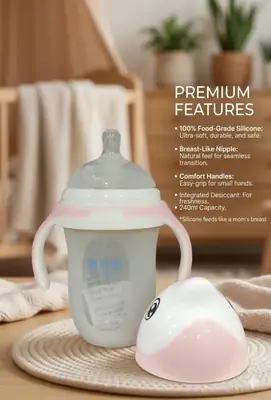 Breast-Like Baby Feeding Bottle 240ml /150ml – Wide Neck Silicone Milk Bottle with Soft Nipple, Natural Breast Shape Design, Anti-Colic Vent, BPA Free, Easy Grip Handles & Cute Cartoon Cover (Blue/Pink)” 240ml