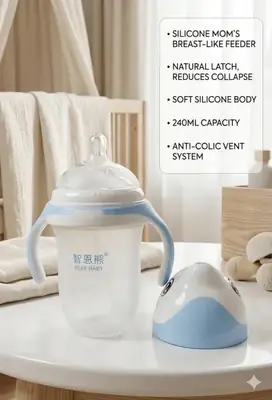Breast-Like Baby Feeding Bottle 240ml /150ml – Wide Neck Silicone Milk Bottle with Soft Nipple, Natural Breast Shape Design, Anti-Colic Vent, BPA Free, Easy Grip Handles & Cute Cartoon Cover (Blue/Pink)” 150ml thumbnail 2