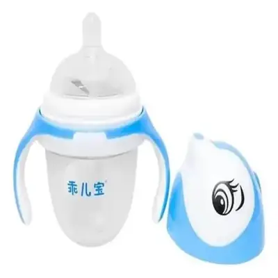 Breast-Like Baby Feeding Bottle 240ml /150ml – Wide Neck Silicone Milk Bottle with Soft Nipple, Natural Breast Shape Design, Anti-Colic Vent, BPA Free, Easy Grip Handles & Cute Cartoon Cover (Blue/Pink)” 150ml thumbnail 4