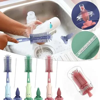 3 in 1 Baby Bottle Brushes For Cleaning Multifunctional Baby Bottle Brush Straw Brush, Pacifier and Feeder Bottle Cleaner Brush With Soft Silicone Bristle Cute Stand Water Bottle Brush Baby Supplies For Cleaning Tools for Home