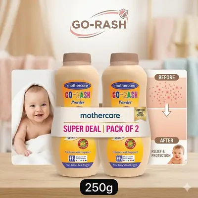 Mothercare Go-Rash Powder 250g - Pack of 2 | Original Anti-Rash Baby Powder | 100% Safe Protective Formula for Rashes, Chafing & Sensitive Skin (Pack of 2 Deals)