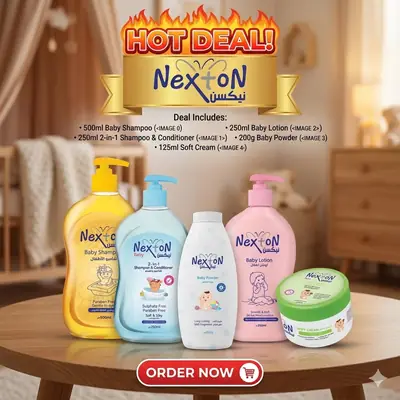 Nexton Baby Care Complete Gift Set Bundle - 5-in-1 Daily Essentials Pack with 250ml Shampoo, 250ml 2-in-1 Conditioner, 250ml Lotion, 200g Powder & 125ml Soft Cream - Gentle, Paraben & Sulphate Free Skincare Kit