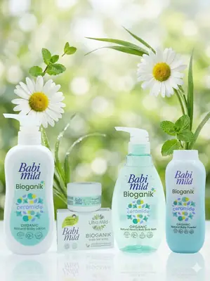 Babi Mild Bioganik Ceramide Complete Baby Care Essentials Set - Organic Natural Head & Body Bath, Baby Lotion, Baby Powder, Baby Cream & Bar Soap Kit for Newborns & Sensitive Skin/ Made in Thailand 