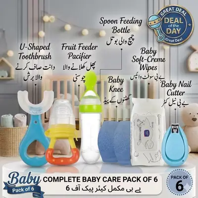 Complete 6-in-1 Baby Care Grooming Kit - Premium Soft Silicone U-Shaped Toothbrush, Fruit Feeder Pacifier, Spoon Feeding Bottle, Protective Knee Pads, Baby Wipes & Safe Nail Cutter - New Born Care Gift Set Pack of 6