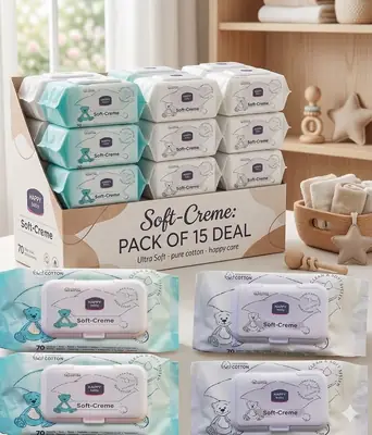 Soft-Creme Baby Wipes Pack of 10 -| 80 Wipes Each Pack | 100% Cotton | Alcohol Free | Best Quality with light Fragrance