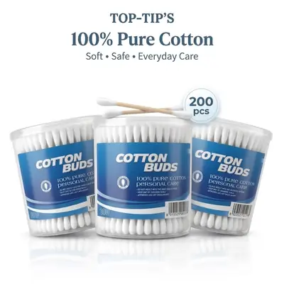 TOP-TIP'S 100% Pure Cotton Buds - 200 Pcs Wooden Stick Ear Swabs in Premium Plastic Box- Made in China Pack of 6 Box thumbnail 2