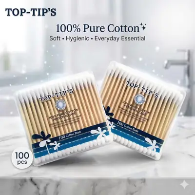 Top Tip 100% Pure Cotton Buds - Premium Soft Worod Stick Ear Swabs For Ear Care Makeup Removal & Cosmetic- 100% Safe Everyday Use