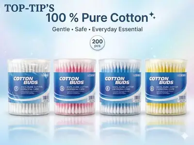 Top-Tip's Premium Multi-Color Cotton Buds - 100% Original Pure Cotton Swabs (200 Pieces Plastic Box) Pack of 4 Box