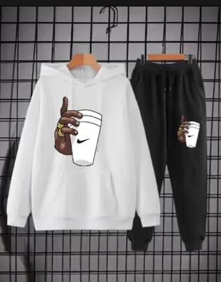 2 Pcs Men's Fleece Printed Hoodie Track Suit