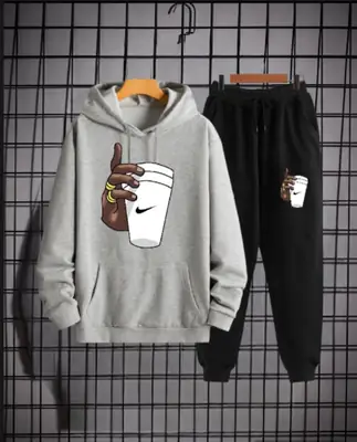 2 Pcs Men's Fleece Printed Hoodie Track Suit