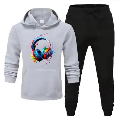 2 Pcs Men's Fleece Printed Hoodie Track Suit
