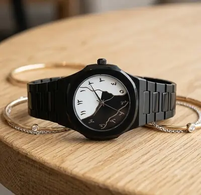 Elegant Black Octagon Watch – Striking White & Black Split Dial ??