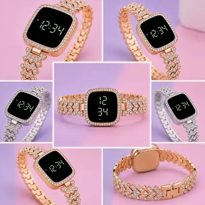 Women's Diamond Pavé Digital LED Watch | Rose Gold & Silver Rhinestone Bracelet Watch | Square Face Sparkly Wristwatch