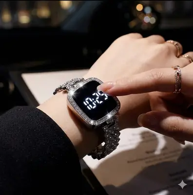 Women's Diamond Pavé Digital LED Watch | Rose Gold & Silver Rhinestone Bracelet Watch | Square Face Sparkly Wristwatch thumbnail 3