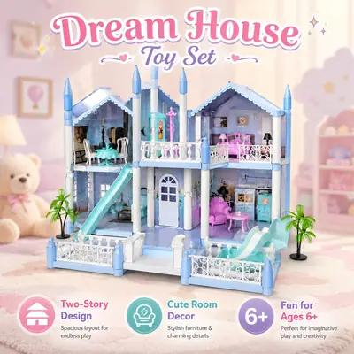 Large DIY Princess Castle Dollhouse Playset with Furniture & Room Accessories for Kids Ages 6+ thumbnail 6