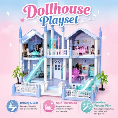 Large DIY Princess Castle Dollhouse Playset with Furniture & Room Accessories for Kids Ages 6+ thumbnail 8