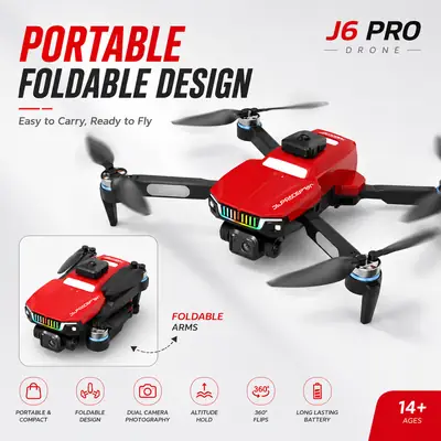 J6 Pro Foldable Dual Camera Drone with Altitude Hold, 360° Flips & Remote Control – Red thumbnail 8