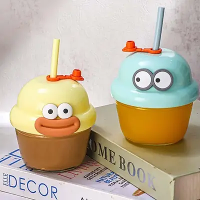 Cute Cartoon Ice Cream Cup with Straw – Kids Drinking Cup with Lid – Reusable Juice & Water Cup for Children