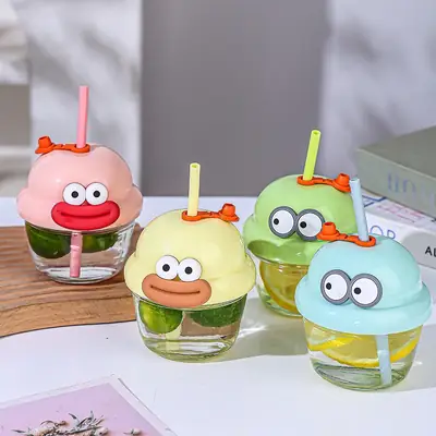 Cute Cartoon Ice Cream Cup with Straw – Kids Drinking Cup with Lid – Reusable Juice & Water Cup for Children thumbnail 4