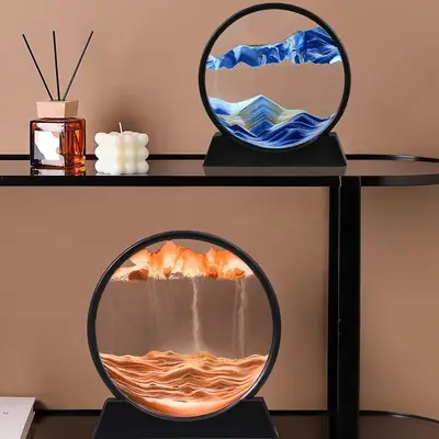3D Moving Sand Art Picture – Round Dynamic Sandscape Frame – Flowing Sand Glass Desktop Decoration & Home Office Decor thumbnail 2