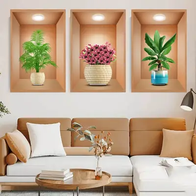 3Pcs 3D Wall Sticker Flower Pot Set – Decorative Self-Adhesive Wall Decals for Living Room, Bedroom & Office thumbnail 2