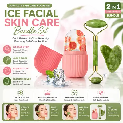 2 in 1 Ice Facial Skin Care Bundle Set – Ice Face Roller Stick, Jade Roller & Gua Sha Tool for Face Massage & Puffiness Relief
