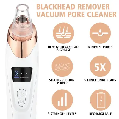 Blackhead Remover Vacuum Facial Pore Cleaner | Electric Acne & Blackhead Remover | USB Rechargeable Face Deep Cleansing Device | 4 Suction Heads thumbnail 3