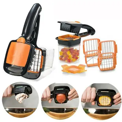 5-in-1 Manual Vegetable Chopper & Dicer | Multi-Function Vegetable Slicer with Interchangeable Blades, Food Container & Storage Box
